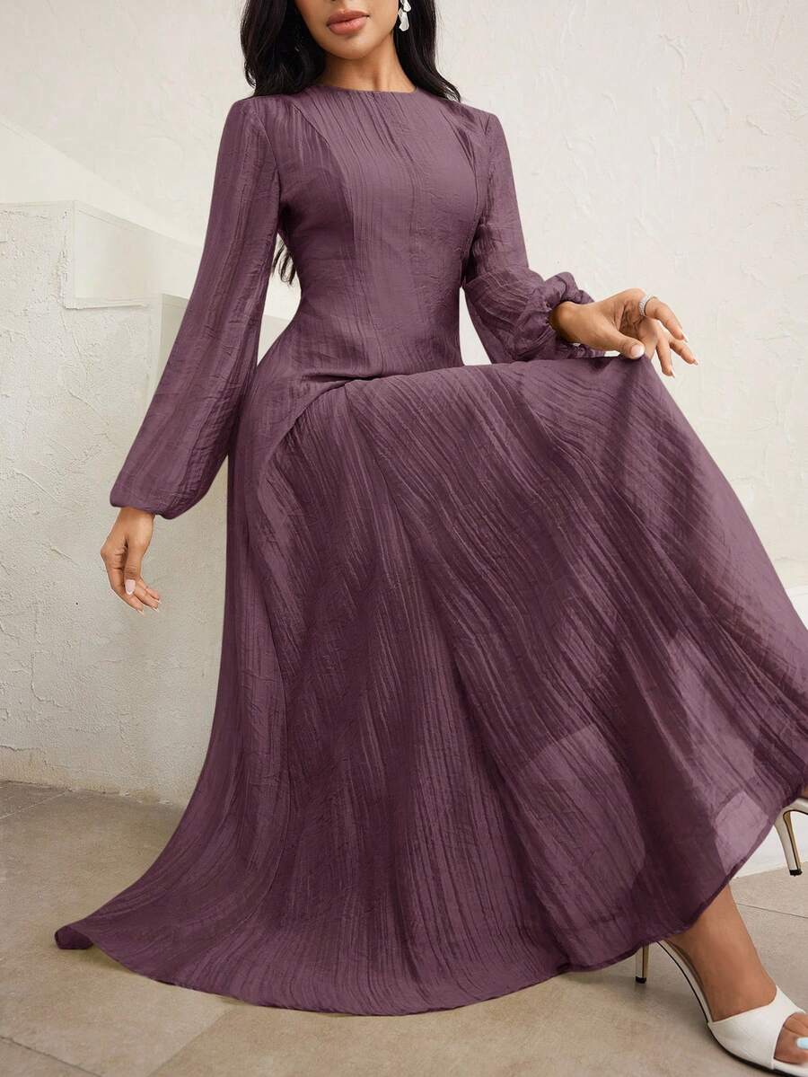 Veilorie 3/4 袖高领腰部褶饰优雅百搭连衣裙 - 紫色 - 查看 1