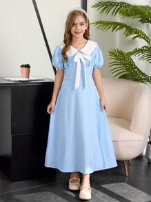 Vestido casual lindo con mangas abullonadas, bloque de color y decoración de lazo para niñas preadolescentes en verano - Azul - Ver 4
