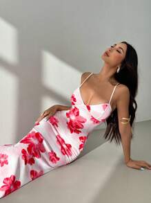 SHEIN PETITE Váy liền thân in hoa gợi cảm và dây đeo quần mùa xuân và mùa hè dành cho nữ, có thể mặc như một lớp lót bên trong vào mùa thu và mùa đông - Hồng - Xem 7