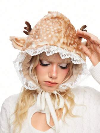 Kawaii 1 pieza Sombrero de estilo Mori Girl con orejas de ciervo de peluche falso y encaje, sombrero lindo con ribete de encaje, sombrero grueso y cálido para protección de orejas en invierno