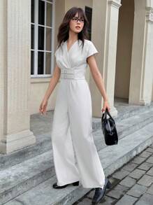 青少年/年轻女士夏季柔软V领收腰阔腿连体裤 - 杏色 - 查看 5