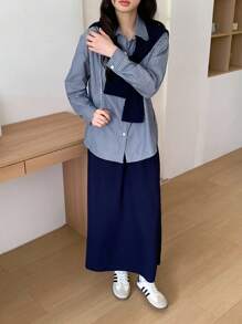 少女休闲条纹前扣衬衫、披肩和迷你裙 3 件套 - 藍色 - 查看 4