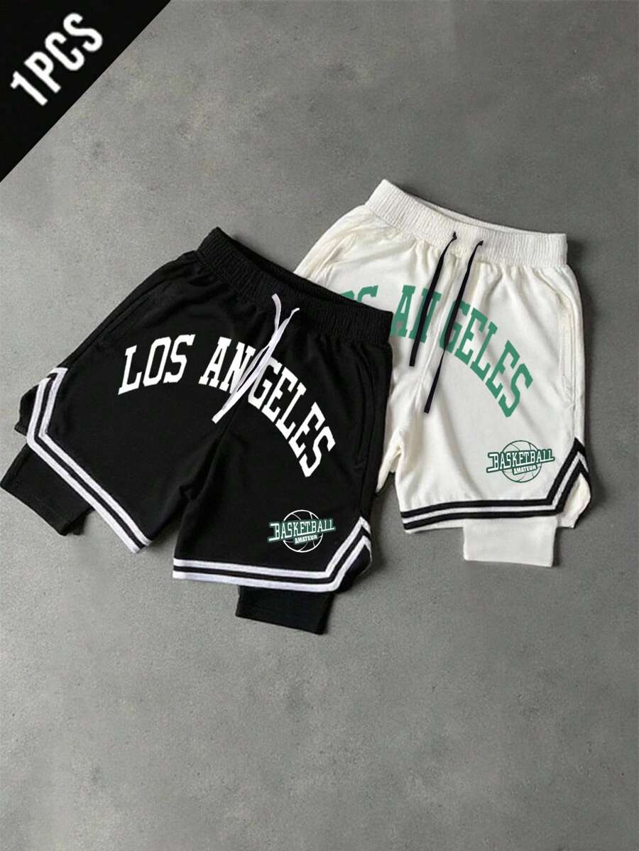 Manfinity Sport Corelite Pantalones cortos deportivos sueltos de doble capa con cordón en la cintura y estampado de letras para hombres