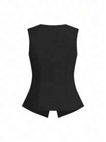 Ellevyn French Style Women Sleeveless Vest With Metal Button Closure, Work Wear Summer For Women Business Casual Woman Linen - Black - View 2