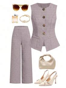 Ellevyn Women's Business Casual French Style Sleeveless Waistcoat With Metal Buttons, Commuter Top Vintage - Mauve Purple - View 7