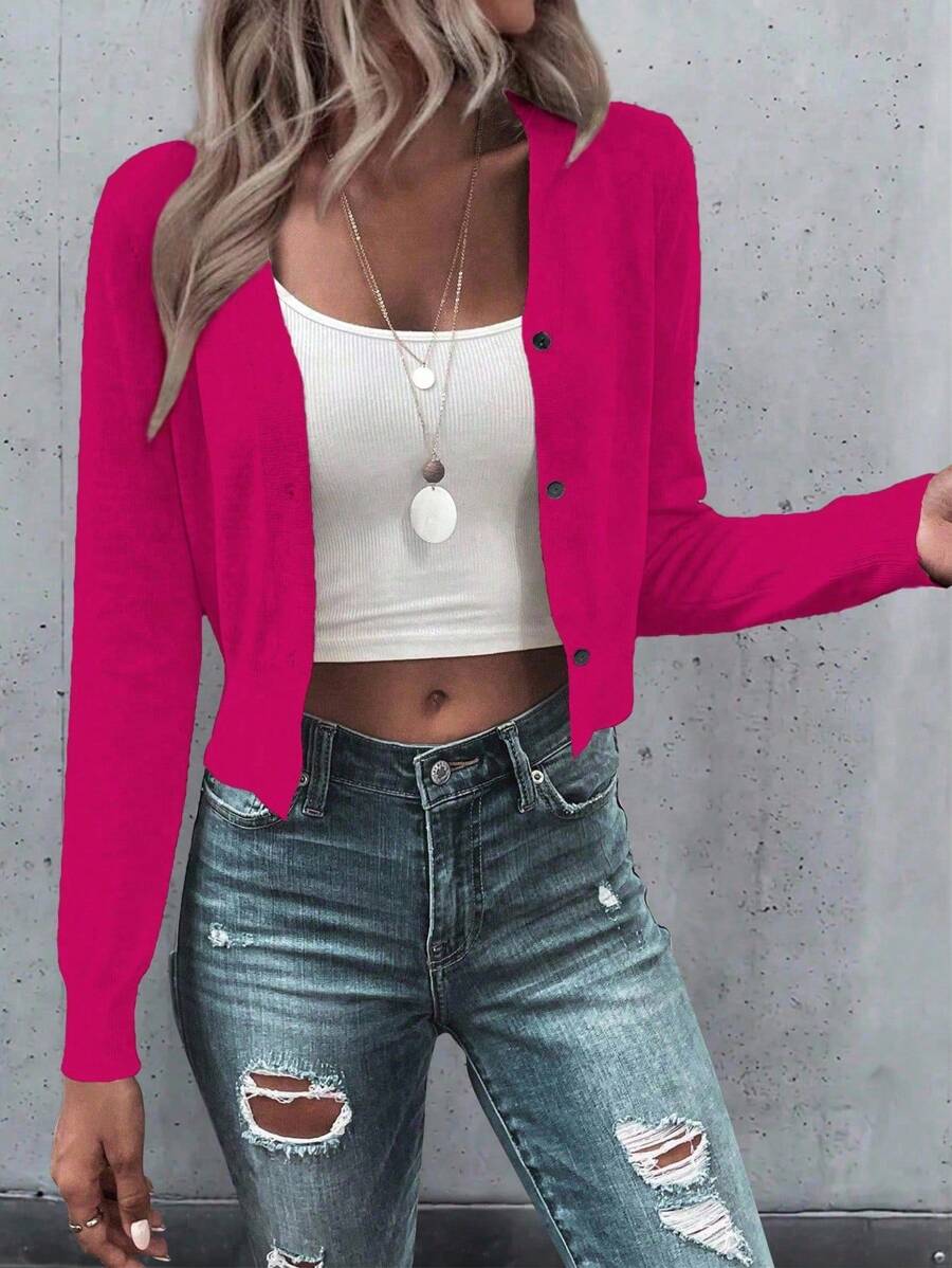 EMERY ROSE Casual & Versatile Plain Color Cropped Cardigan Knitted Powdered Rose Casual Spring Fall Winter Cardigan - Hot Pink - View 1