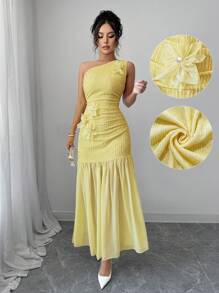 Modelyn 女士 3D 花黄色雪纺拼布不对称肩部连衣裙 - 黃色 - 查看 3