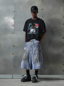 NEON BLANC Men's Washed Distressed Wide Leg Denim Shorts - Blue - View 1