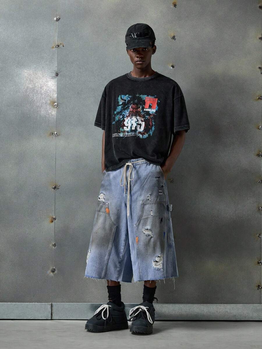 NEON BLANC Men's Washed Distressed Wide Leg Denim Shorts - Blue - View 1