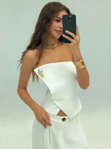 Aloruh Top bandeau con decoración de metal de moda para mujer, para verano, vacaciones en la playa, estilo bohemio tropical, para uso casual y de oficina - Blanco - Ver 3