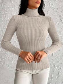 EURMUSE 高領條紋針織套頭毛衣 - 米色 - 查看 5