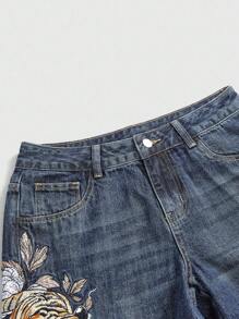 ROMWE Avant 男女皆宜的复古街头风中国虎纹花卉刺绣宽松阔腿低腰牛仔裤 - 淺藍色 - 查看 4