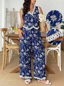 Weeklong Plus Size V-Neck Sleeveless Scalloped Trim Front Opening Jumpsuit And Straight Leg Scalloped Trim Casual Vacation 2 Pieces Set