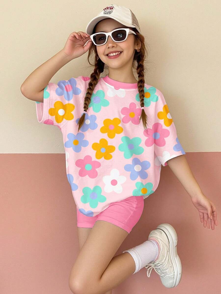 SHEIN Leap Crew 2 件套青少年女孩休闲多巴胺花卉印花宽松短袖 T 恤和紧身短裤套装，适合夏季 - 彩色 - 查看 1