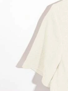 GlowEve 女款休閒優雅不對稱蝴蝶結裝飾T恤，夏季短袖上衣，適合茶會，黑白條紋 - 米色 - 查看 3