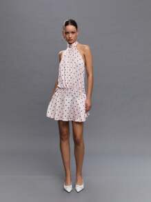 TypaGal 女士优雅波尔卡圆点印花露背挂脖迷你连衣裙，夏季 - 粉色 - 查看 4