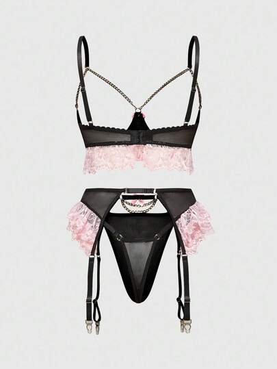 Grunge Punk 3pcs/Set Gothic Punk Style Net Lace Contrast Color Bowknot Underwired Bra, Thong And Garter Belt Sexy Lingerie Set