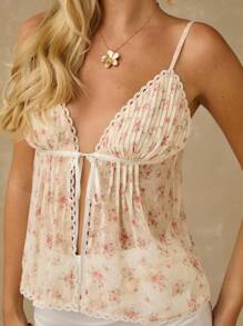 Enchnt Spring/Summer Romantic Women's Apricot Floral Printed Lace Trim Pleated Chest Bowknot Backless Camisole Top,Sweet&Elegant&Fashionable For Vacation&Date&Holiday&Party&Graduation&Wedding Guest,Summer Tops For Women,Summer Clothes