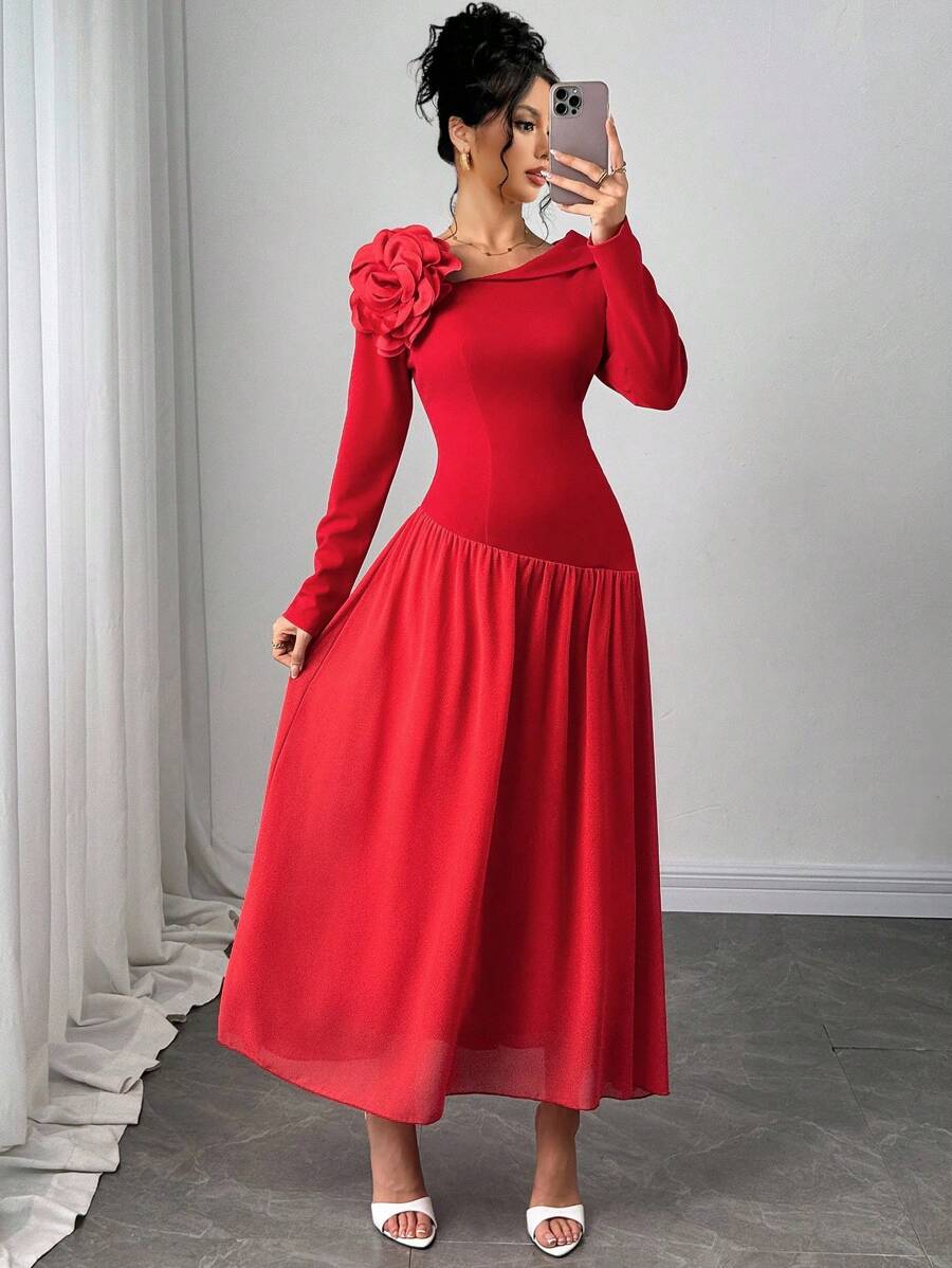 Modelyn Women's Fashion Elegant 3D Floral Decor Mid-Calf Dress, Patchwork Design Dress - Red - View 1