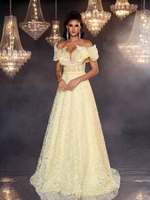 Glamrae 优雅奢华粉色珠绣不对称领口多层泡泡袖长款晚礼服，搭配垂坠裙摆 - 黃色 - 查看 7