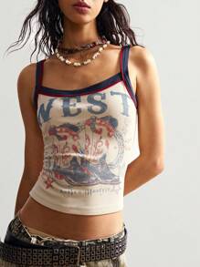 Bohemela Áo hai dây ôm dáng kiểu Boho Vintage họa tiết bốt cao bồi miền Tây, áo croptop nữ họa tiết bốt cao bồi, áo croptop nữ họa tiết, áo cổ yếm. - Màu be - Xem 6