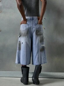 NEON BLANC Men's Washed Distressed Wide Leg Denim Shorts - Blue - View 3