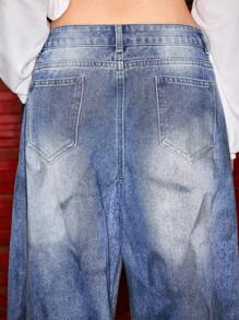 Astro Boy X ROMWE Rhinestone Embellished Extra Loose Low Waist Baggy Women's Jeans - Blue - View 5