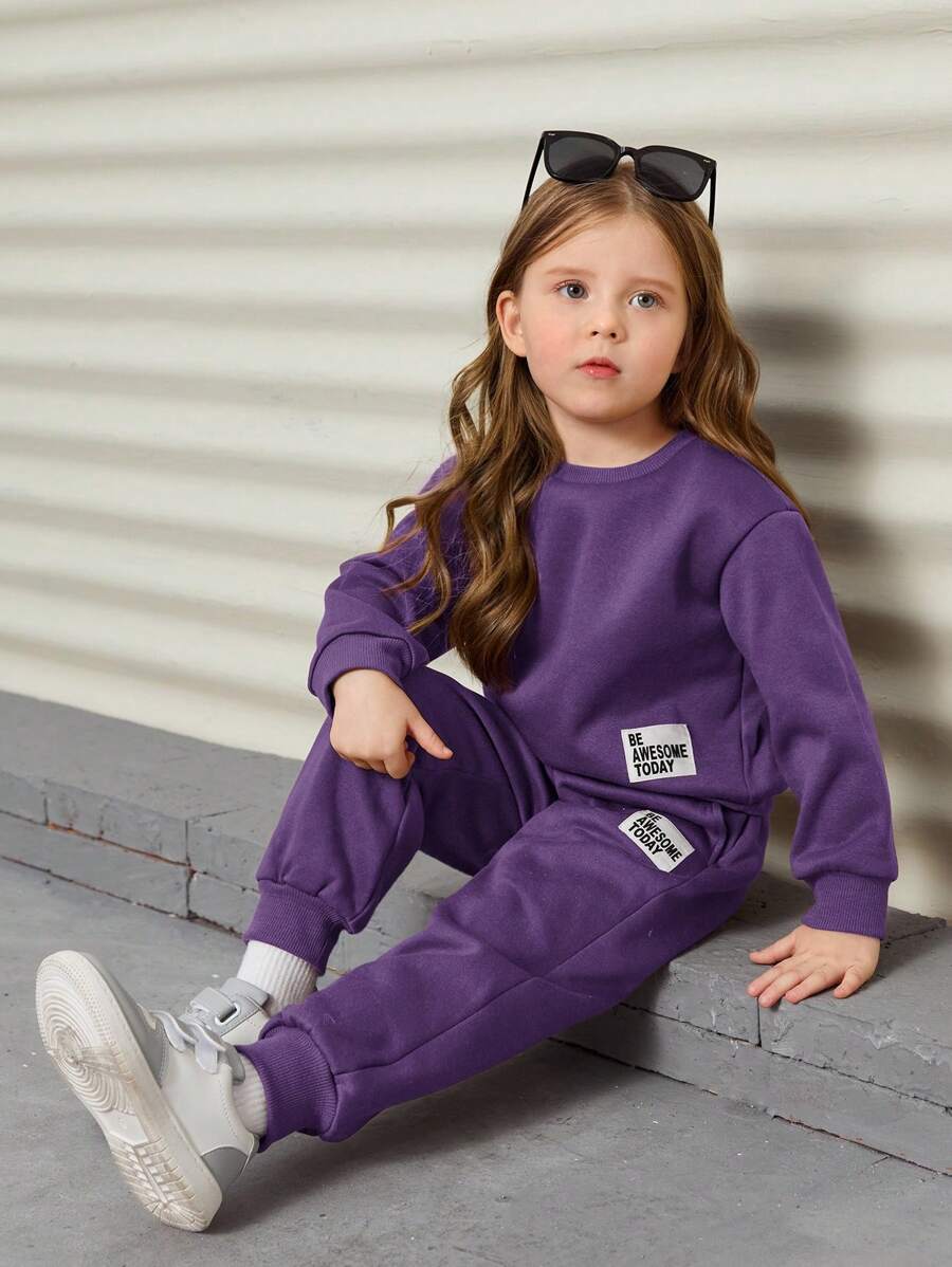 SHEIN 年輕女孩字母拼接細節彈下肩鬆緊毛衣和運動長褲 - 紫羅蘭色 - 查看 1