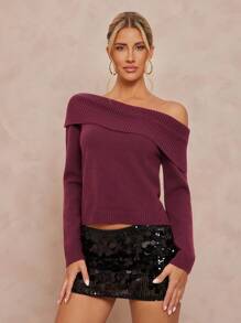 Lumalex Suéter casual de unicolor con hombros descubiertos para mujer, ideal para fiestas, banquetes, reuniones, festivales, vacaciones y bodas en temporada de otoño/invierno y primavera/otoño de lujo, ideal para fiestas de Navidad y Año Nuevo - Burdeos - Ver 5