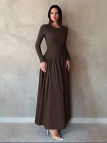 SHEIN Tall 女款優雅純色荷葉邊長袖長洋裝，極簡設計棕色長裙，秋季婚禮賓客禮服，適合高個女性 - 棕色 - 查看 5