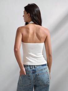 Maija Camiseta sin mangas de metal con diseño hueco blanco, esencial de moda minimalista y versátil para mujeres, otoño/invierno