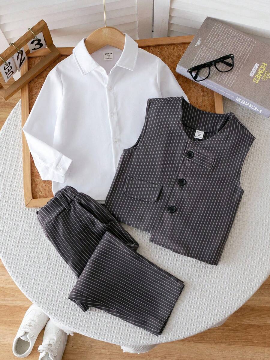 SHEIN 3pcs Young Boys Suits, Versatile Gentleman Style, Including White Long Sleeve Shirt, Classic Striped Vest, And Suit Pants, Fashionable Gentleman Outfit Suitable For Birthday Party, Formal Occasion, Wedding, Christening, Back To School, Sports Season, Halloween, Christmas Fall Winter - Grey - View 1
