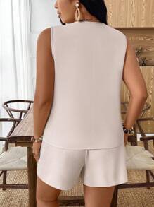 Weeklong 2pcs/Set Plus Size Women's Summer Solid Color Single-Breasted Vest And Shorts - Apricot - View 2