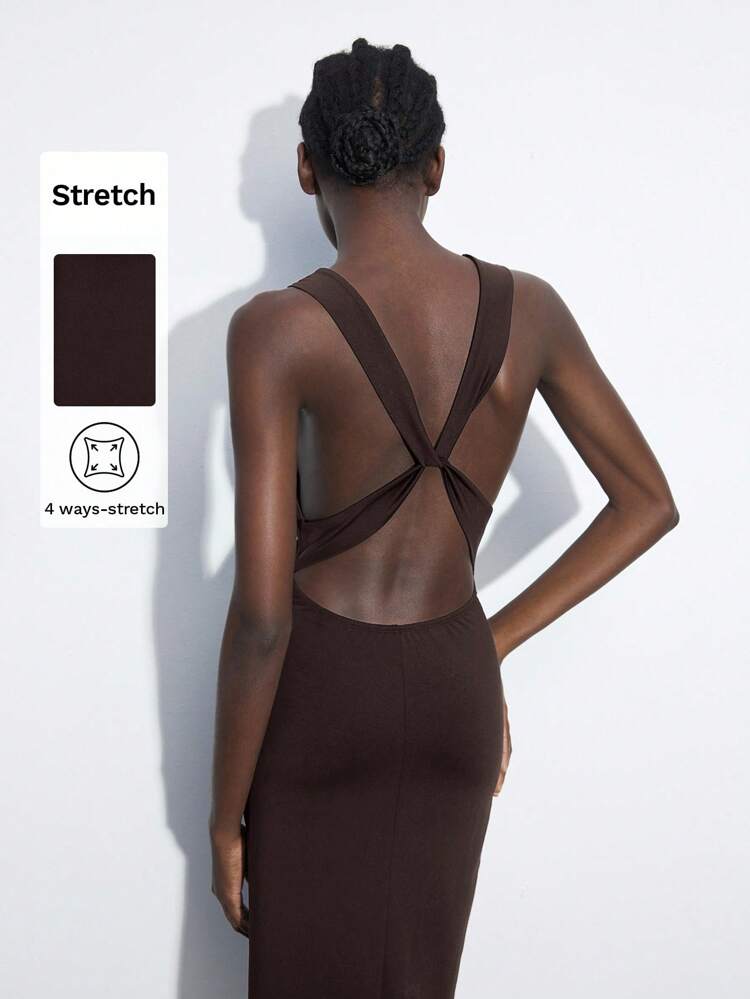 SHEIN Maija Women's Black Criss-Cross Backless Design Front Pleated Dress, Urban Elegant & Fashionable Style, Versatile Soft & Comfortable Fitted Sleeveless Midi Dress, Old Money Style, Dignified Feminine, Suitable For Concerts, Vacations,Autumn Clothes For Women, Christmas Women's Clothing