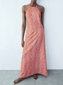 Maija Women's Digital Geometric Print V-Neck Tie Waist Dress, Versatile Urban Party Fashion For Spring And Summer, Slimming Waist Design, Multicolor Prints Vacation Dress, Bohemian Retro Style Maxi Dress Business Casual Women's Wear, Office Wear, Low-Key Old Money Style, Effortless Temperament, High-End Urban Commuting, The Same Style As The Editor-In-Chief Of The Magazine, Urban Social Vacation Party Wear, Charming, Low-Key And Durable Basic Style, Versatile And Not Picky Clothing, Street Fashion - Multicolor - View 2