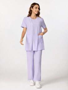 TaskEZ 蕾丝拼布休闲宽松多口袋上衣和高腰直筒裤/女士护理手术制服套装女士手术服套装女士服装 2 件护士手术服套装女士 - 紫色 - 查看 7
