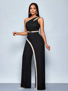 SOLERSUN Women's Color Block Asymmetrical Neck Cutout Spliced Metal Decorated Sleeveless Straight Jumpsuit - Black - View 4
