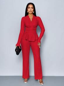 SOLERSUN 女士杏色优雅 V 领长袖 T 恤和阔腿裤两件套，不对称下摆两件套服装，休闲日常穿着，女士冬装 - 紅色 - 查看 5