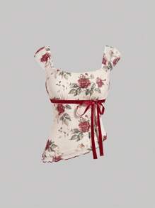 SHEIN MOD 加大码 2 件装少女花卉印花针织网眼上衣和纯色裙子休闲装 - 彩色 - 查看 3