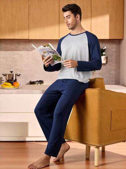 2PCS Men's Colorblock Long Sleeve Top & Pants Pajama Set For Men Sleepwear Nightwear, Fall Winter Clothes