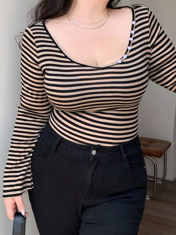 Dazy Plus Striped Elastic Bodycon Long Sleeve Sexy Plus Size Women T-Shirt