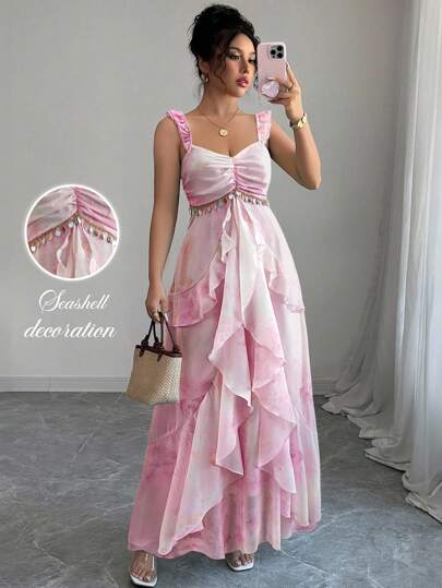 Elenzga Women's Elegant Flutter Sleeve Heart Neck Cinched Waist Tiered Irregular Hem A-Line Maxi Dress, Tie-Dye Colorful Printed With Metallic Decoration, Spring/Summer