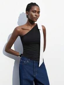 Maija 女式黑白撞色不对称肩部设计上衣，百搭优雅都市时尚舒适合身休闲蝴蝶结装饰，适合商务、休闲、音乐会、社交活动、办公室穿着，无袖上衣优雅知性的女性婚礼宾客上衣和美丽的法式休闲高端知性优雅老钱风格度假装 - 黑與白 - 查看 4