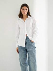 Maija Women's White Shirt With Side Slit Multiple Bow Decorative Design, Summer Dress Shirt With Stylish, Elegant, Versatile, Comfortable Fit, Long Sleeve, Side Slit, Multiple Bow Decor, Vintage Music Festival Casual Attire, Romantic, French Chic, Sophisticated, Understated, Graceful