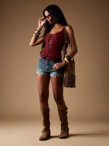 MISSGUIDED Vintage Victorian Corset Bustier Tank Lace Up Front Boned Steampunk Festival Renaissance Medieval Cosplay Boho Cottage Core Autumn Fall Party Christmas