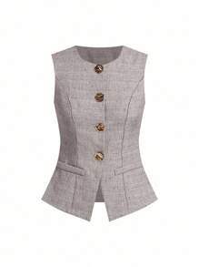Gownix French Style Women Business Casual Sleeveless Waistcoat With Metal Buttons, Work Wear - Grey - View 5