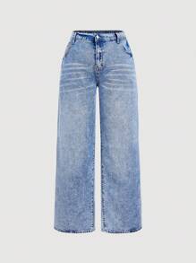 SHEIN MOD Denim Casuais de Ajuste Reto Azul Plus Size, Denim de Jeans Reto Solto, Perna Longa, Todas as Estações, Verão / Verão / Verão, Primavera / Primavera para Mulheres, Praia para Mulher / Praia, Brunch para Mulheres, Spring Break / Spring Break, Mulheres de Concerto / Festival Rave / Concerto Country / Ibiza / Nashville