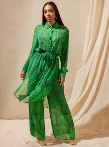 Vixey 扎染透明褶皱雪纺长款纽扣领长袖衬衫，女式，绿色度假，度假上衣 - 彩色 - 查看 1