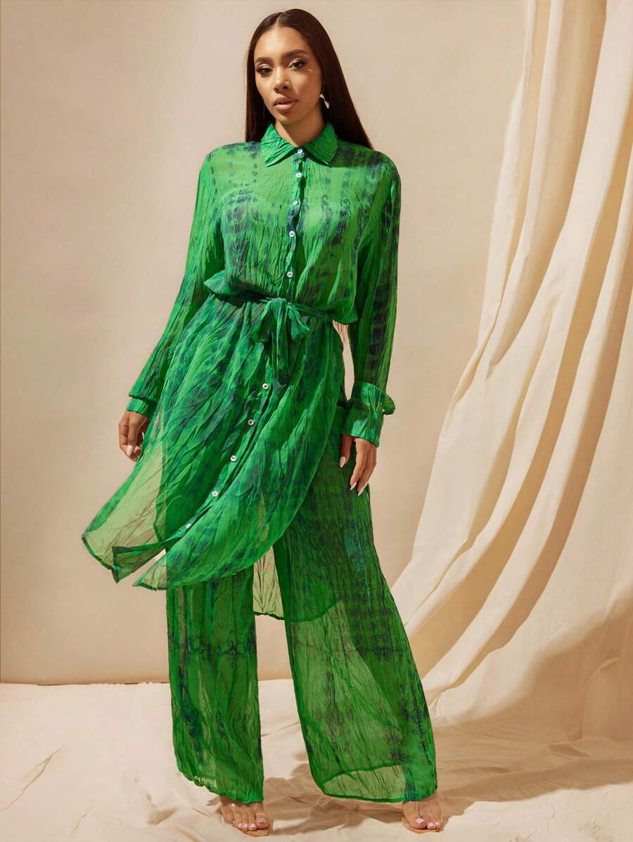 Vixey 扎染透明褶皱雪纺长款纽扣领长袖衬衫，女式，绿色度假，度假上衣 - 彩色 - 查看 1