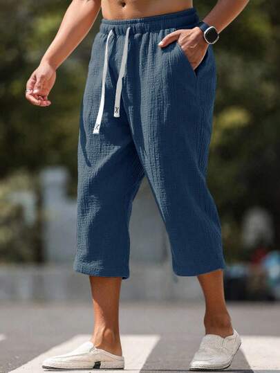 Manfinity RSRT Men's Drawstring Waist Pockets Casual Solid Color Capri Cotton Pants Men Short Long Shorts Beach Summer Holiday Linen